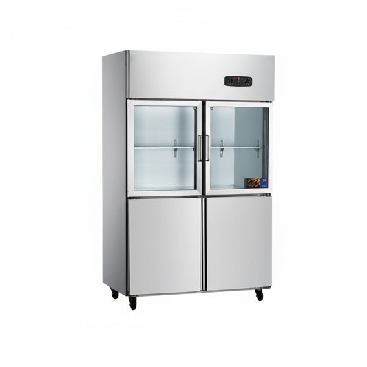 Commercial standard static cooling kitchen refrigerator with two top glass doors.