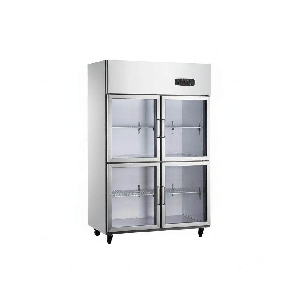 Commercial standard static cooling kitchen refrigerator with four glass doors.