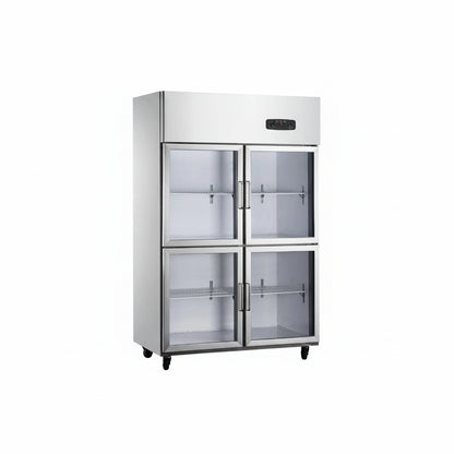 Commercial standard static cooling kitchen refrigerator with four glass doors.