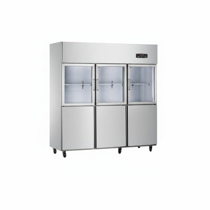 Commercial standard static cooling kitchen refrigerator with three top glass doors.