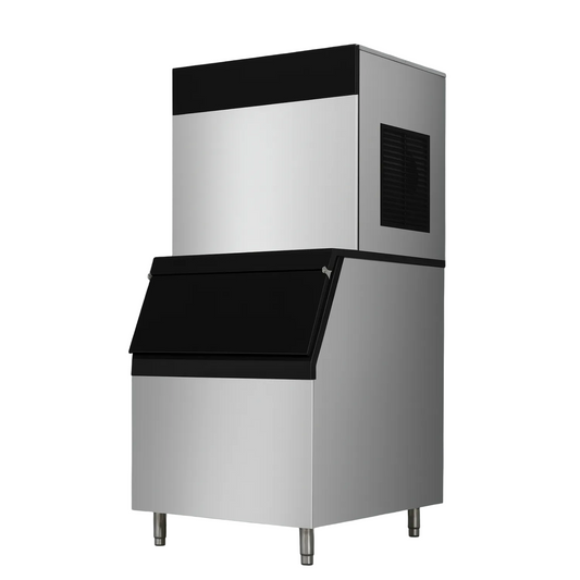 Commercial floor standing ice maker with legs.
